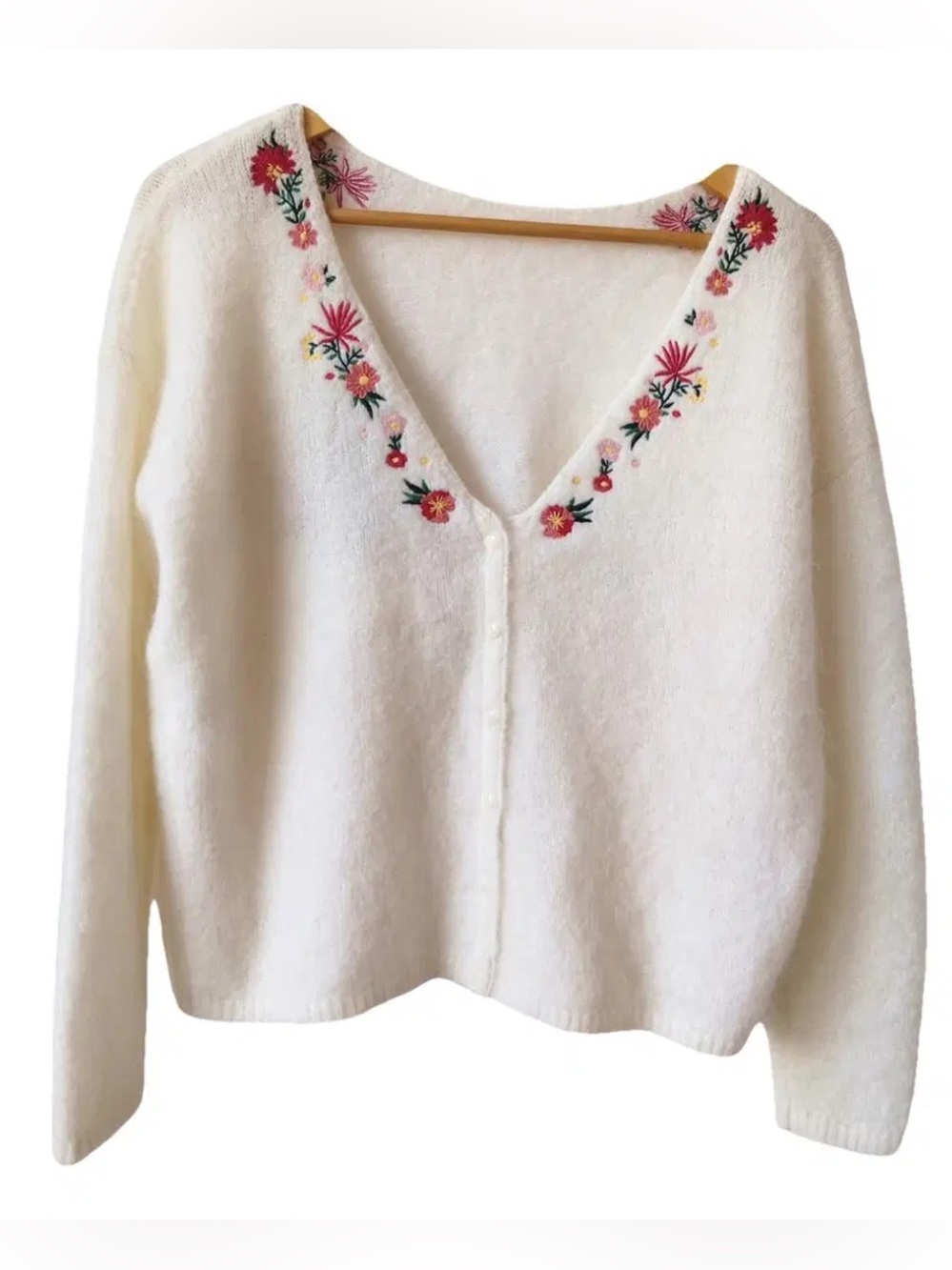 Sezane Mohair Cream V-Neck Embroidered Women’s Sweater Cardigan XS
